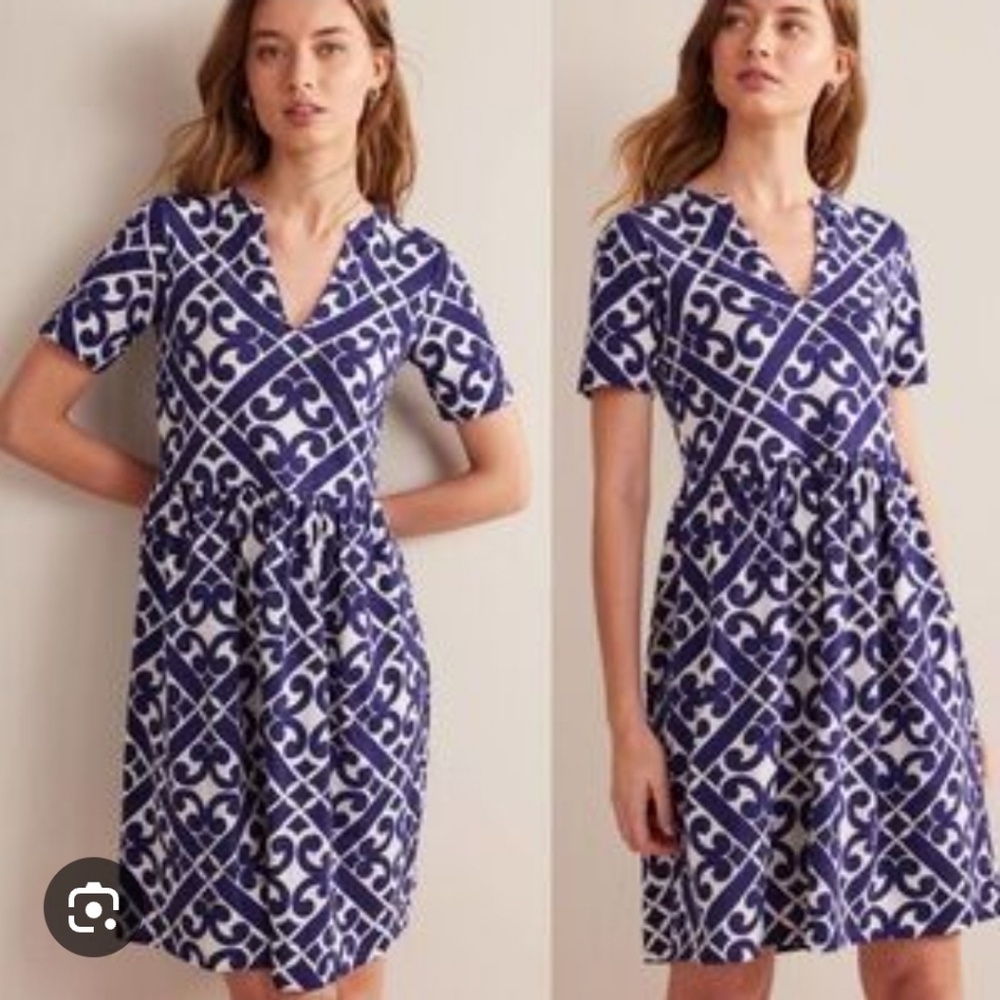 Boden Blue Geometric Fit & Flare Dress US 6L Short Sleeve